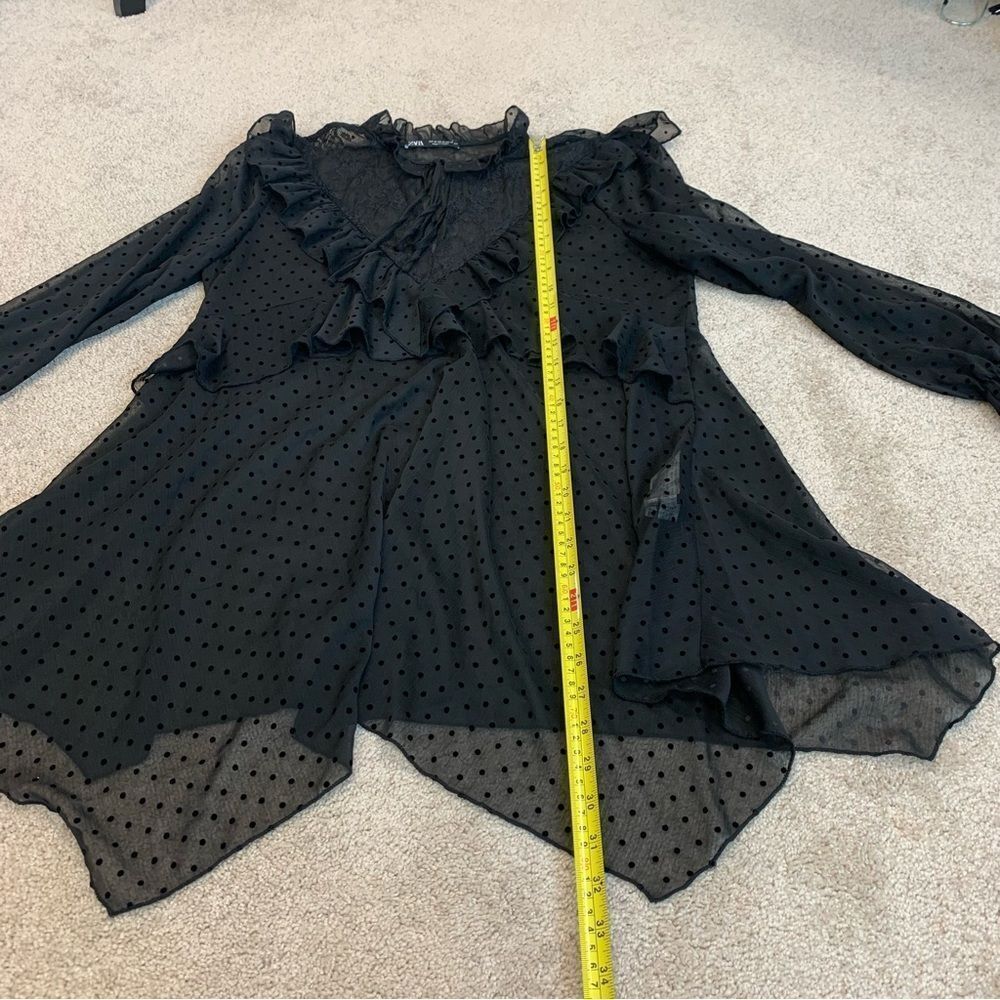 ZARA black mesh polka dot ruffle frill sheer lace long sleeve blouse Sz M - Picture 11 of 13